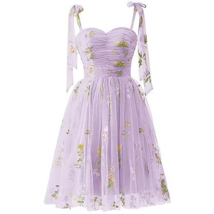 Spaghetti Strap Floral Embroidered Mesh Mini A-Line Cocktail Dress