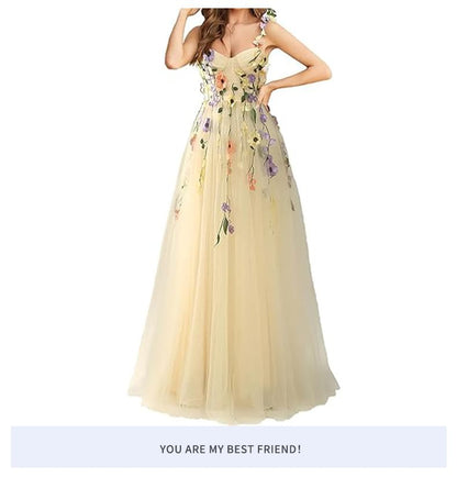 Spaghetti Strap Floral Embroidered Mesh A-Line Evening Gown