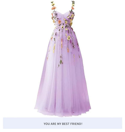 Spaghetti Strap Floral Embroidered Mesh A-Line Evening Gown