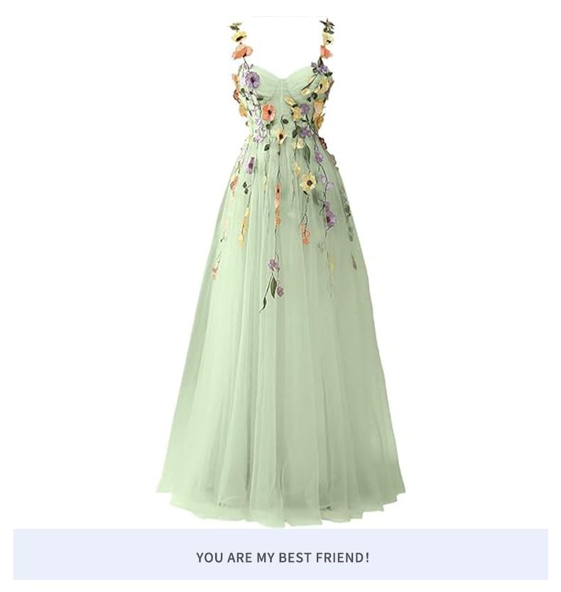 Spaghetti Strap Floral Embroidered Mesh A-Line Evening Gown