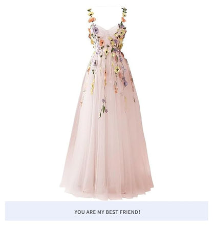 Spaghetti Strap Floral Embroidered Mesh A-Line Evening Gown