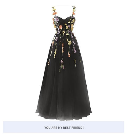 Spaghetti Strap Floral Embroidered Mesh A-Line Evening Gown
