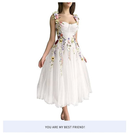 Spaghetti Strap Floral Embroidered Mesh A-Line Evening Gown