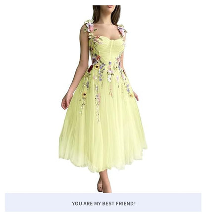 Spaghetti Strap Floral Embroidered Mesh A-Line Evening Gown
