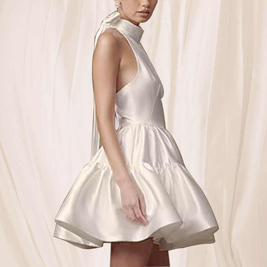Sleeveless Halter Plain Open Back Tiered Mini A-Line Cocktail Dress