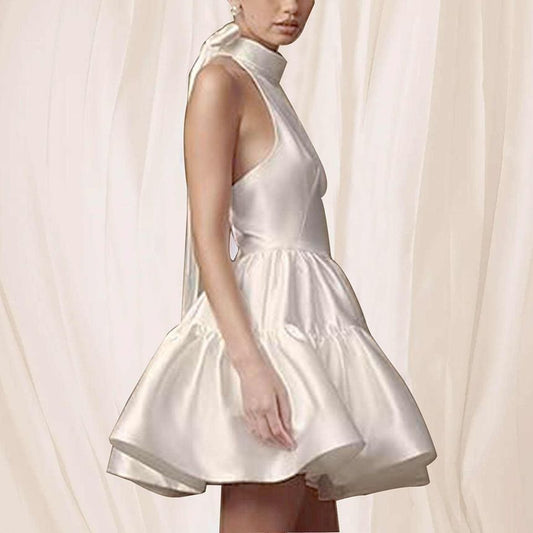 Sleeveless Halter Plain Open Back Tiered Mini A-Line Cocktail Dress