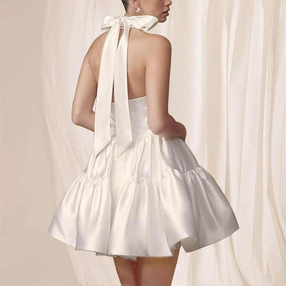 Sleeveless Halter Plain Open Back Tiered Mini A-Line Cocktail Dress