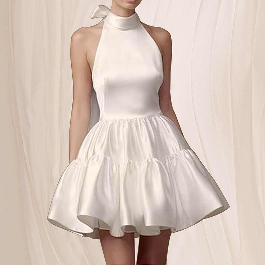 Sleeveless Halter Plain Open Back Tiered Mini A-Line Cocktail Dress