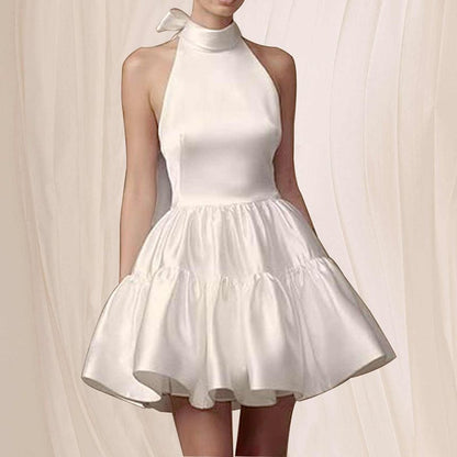 Sleeveless Halter Plain Open Back Tiered Mini A-Line Cocktail Dress