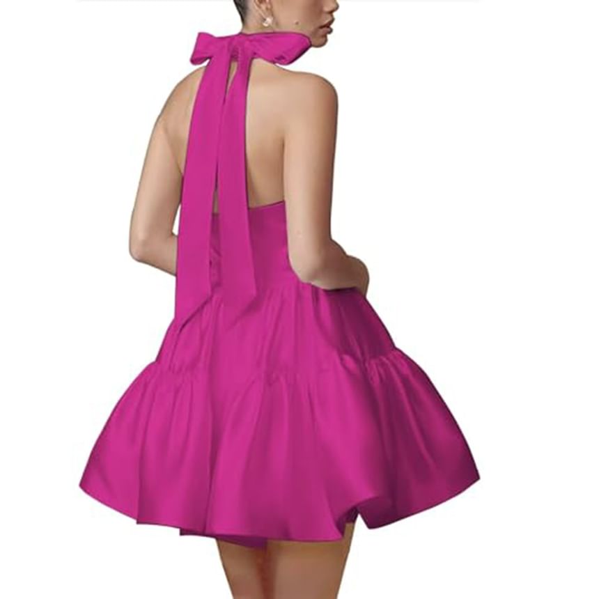 Sleeveless Halter Plain Open Back Tiered Mini A-Line Cocktail Dress