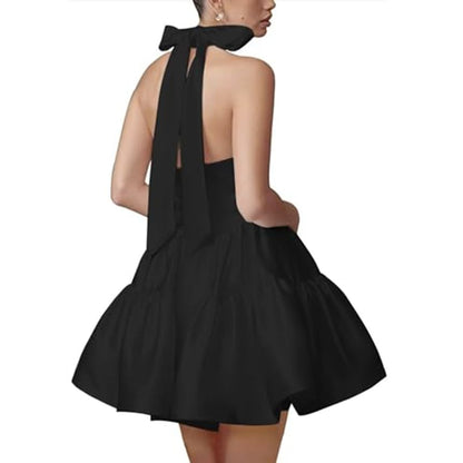 Sleeveless Halter Plain Open Back Tiered Mini A-Line Cocktail Dress