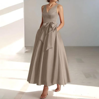 Sleeveless V-Neck Plain Bow Midi A-Line Evening Dress