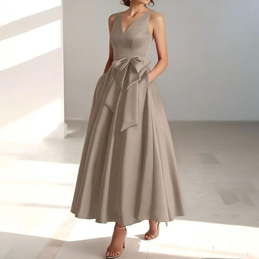 Sleeveless V-Neck Plain Bow Midi A-Line Evening Dress