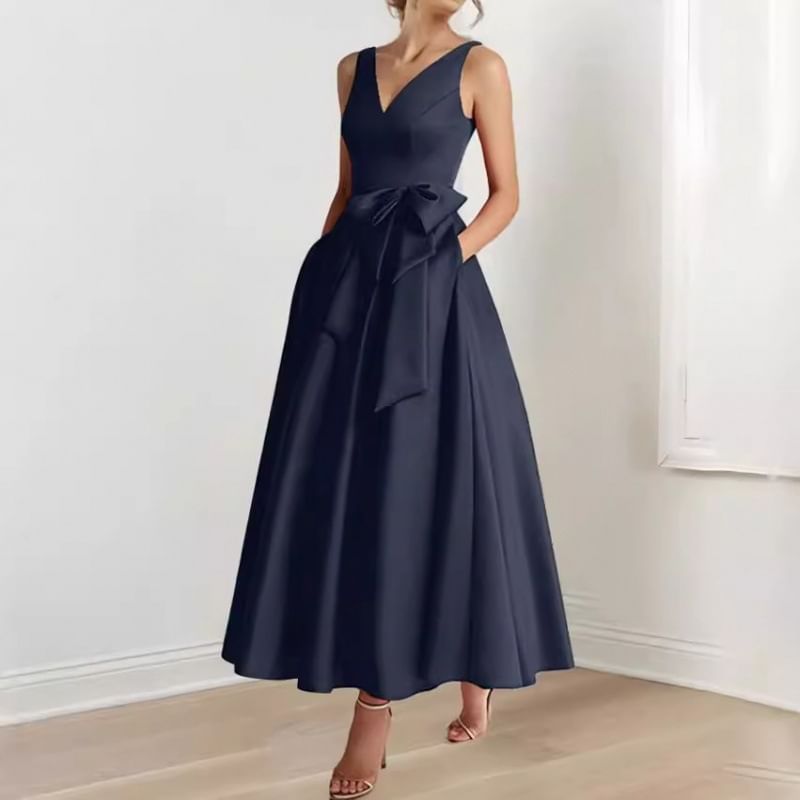 Sleeveless V-Neck Plain Bow Midi A-Line Evening Dress
