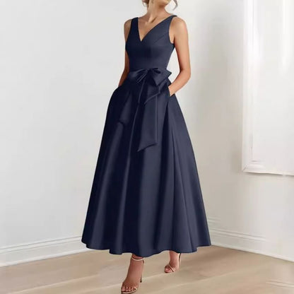 Sleeveless V-Neck Plain Bow Midi A-Line Evening Dress