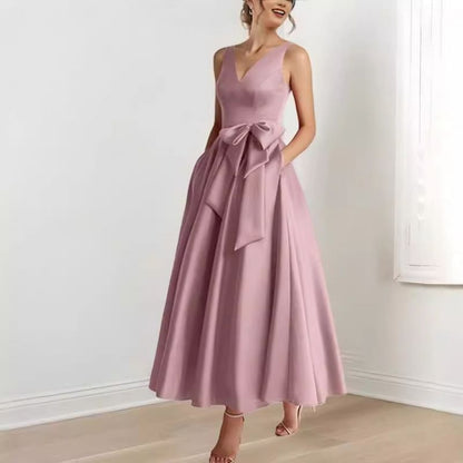 Sleeveless V-Neck Plain Bow Midi A-Line Evening Dress