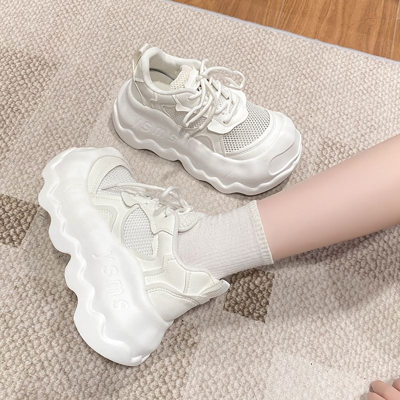 Platform Mesh Panel Lace-Up Faux Leather Sneakers
