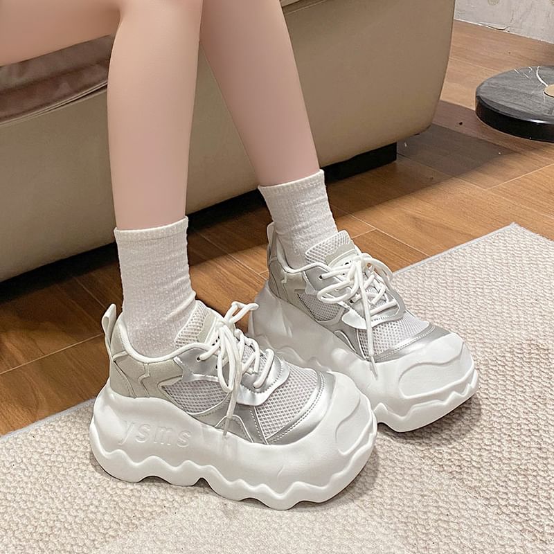 Platform Mesh Panel Lace-Up Faux Leather Sneakers