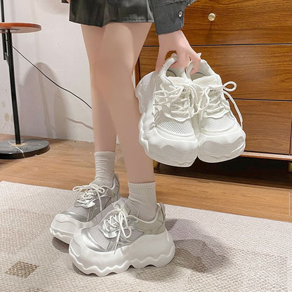 Platform Mesh Panel Lace-Up Faux Leather Sneakers