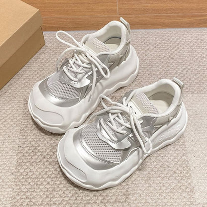 Platform Mesh Panel Lace-Up Faux Leather Sneakers