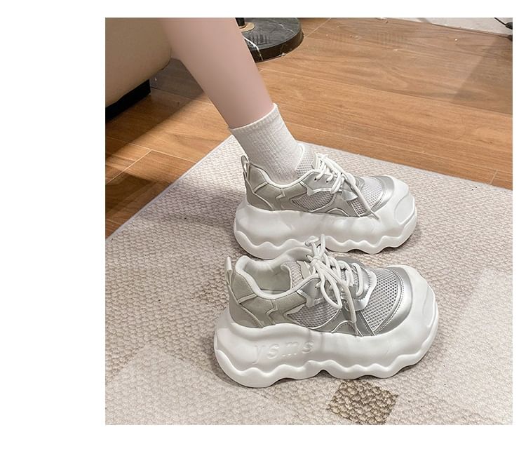Platform Mesh Panel Lace-Up Faux Leather Sneakers