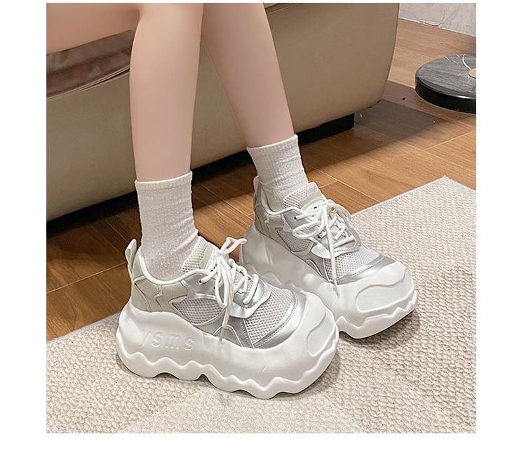 Platform Mesh Panel Lace-Up Faux Leather Sneakers