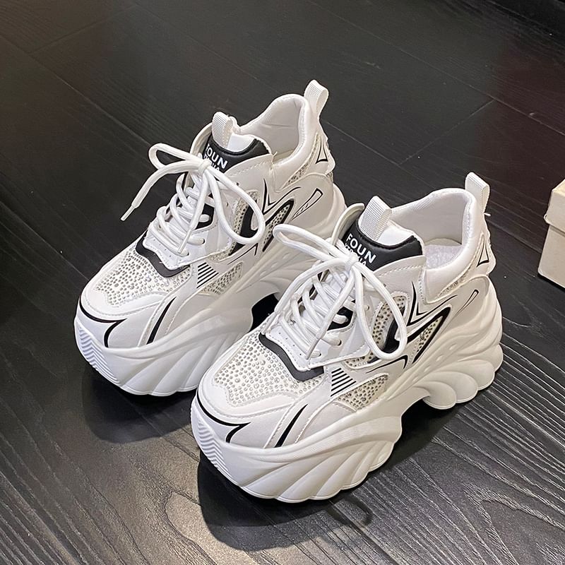 Hidden Wedge Rhinestone Lace-Up Faux Leather Sneakers
