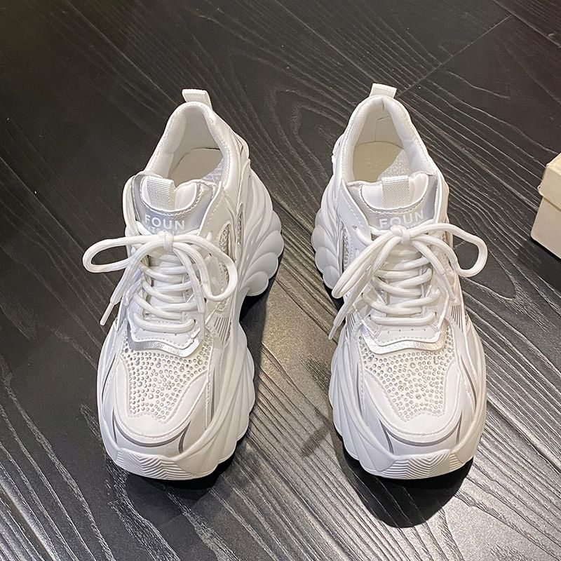 Hidden Wedge Rhinestone Lace-Up Faux Leather Sneakers