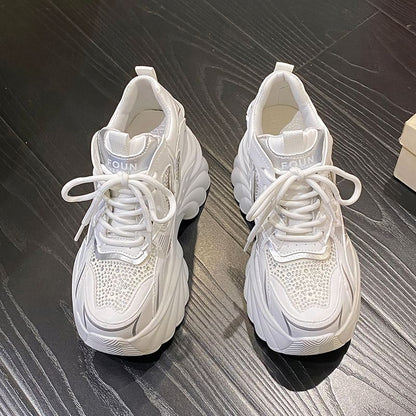 Hidden Wedge Rhinestone Lace-Up Faux Leather Sneakers