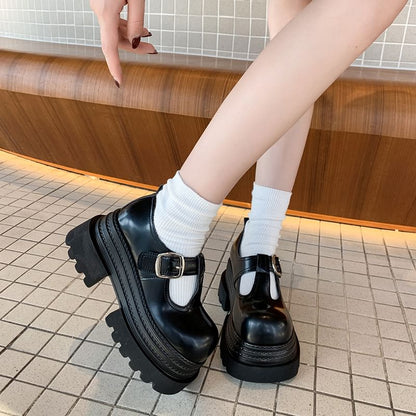 Platform T-Strap Plain Faux Leather Mary Jane Shoes