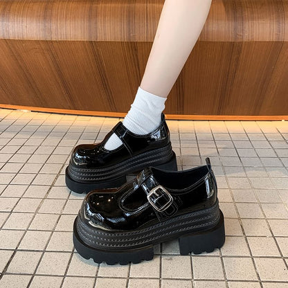 Platform T-Strap Plain Faux Leather Mary Jane Shoes
