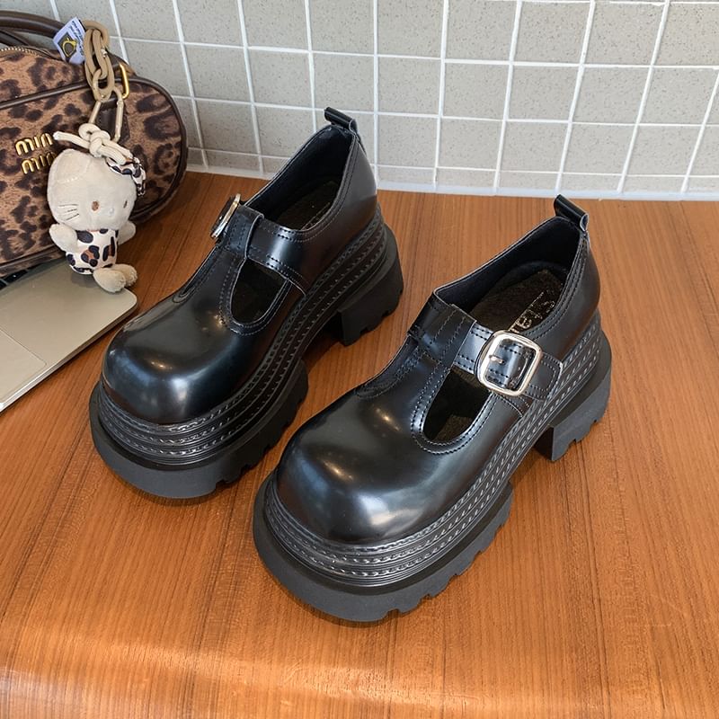 Platform T-Strap Plain Faux Leather Mary Jane Shoes