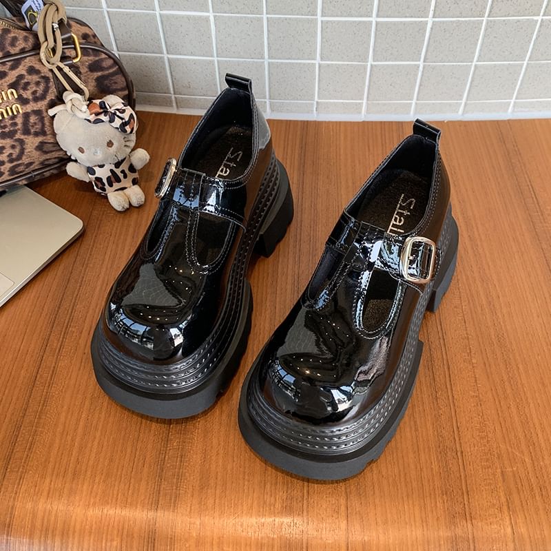 Platform T-Strap Plain Faux Leather Mary Jane Shoes