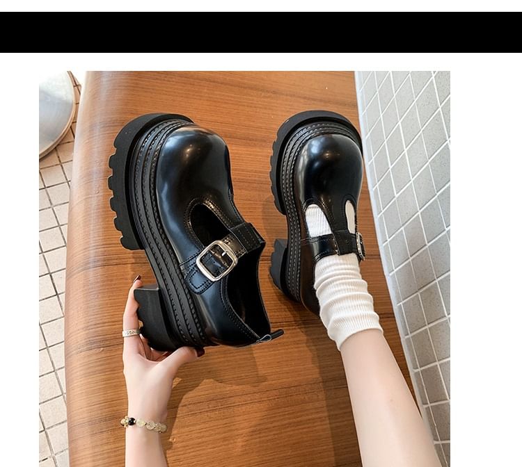 Platform T-Strap Plain Faux Leather Mary Jane Shoes