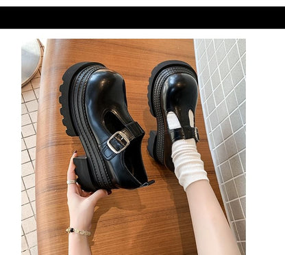 Platform T-Strap Plain Faux Leather Mary Jane Shoes
