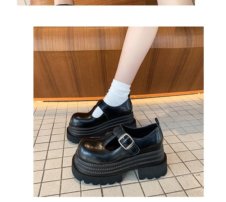 Platform T-Strap Plain Faux Leather Mary Jane Shoes