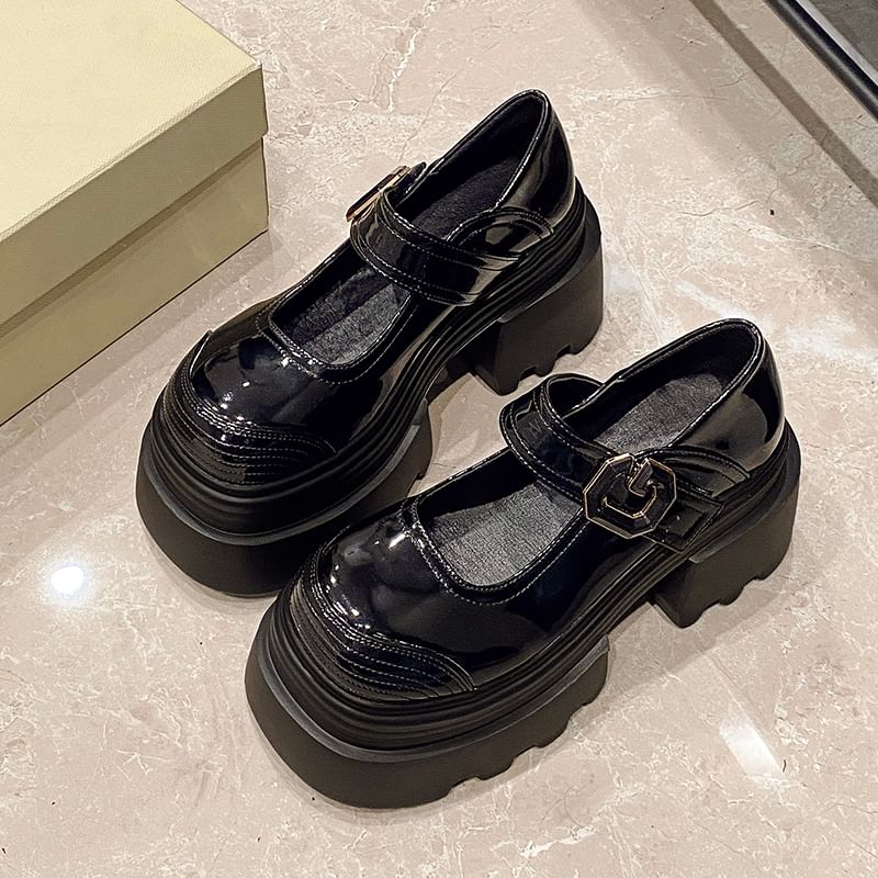 Platform Plain Patent Leather Mary Jane Shoes
