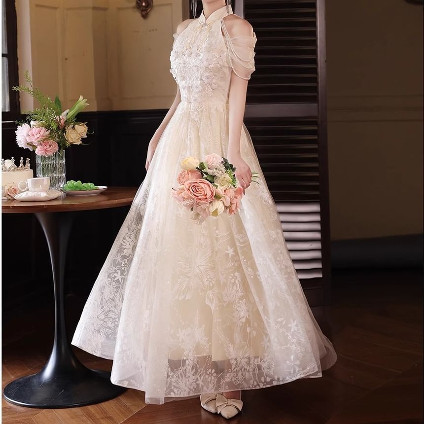 Cold-Shoulder Floral Faux Pearl Strappy A-Line Evening Gown