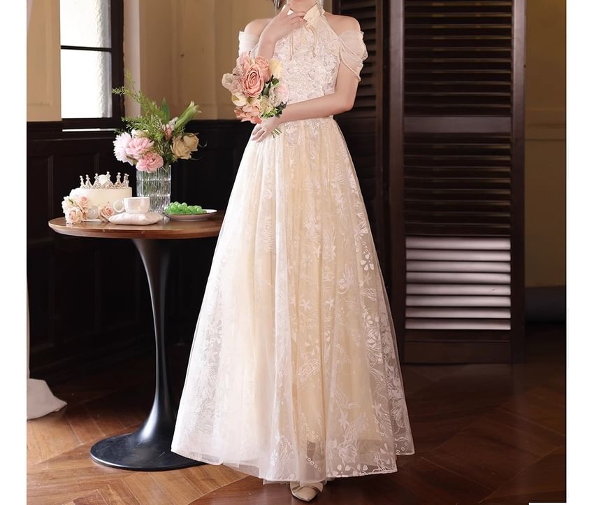 Cold-Shoulder Floral Faux Pearl Strappy A-Line Evening Gown
