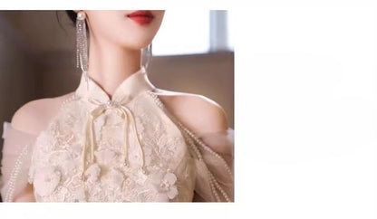 Cold-Shoulder Floral Faux Pearl Strappy A-Line Evening Gown
