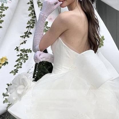 Strapless Flower Embroidered Bow Back Mini A-Line Wedding Dress