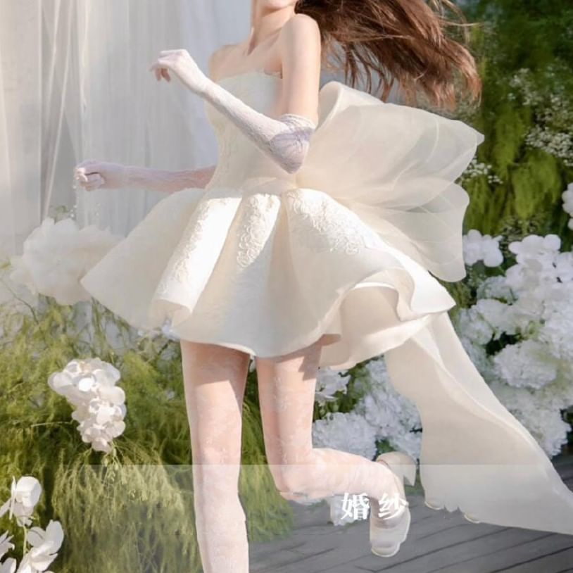 Strapless Flower Embroidered Bow Back Mini A-Line Wedding Dress