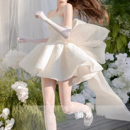 Strapless Flower Embroidered Bow Back Mini A-Line Wedding Dress