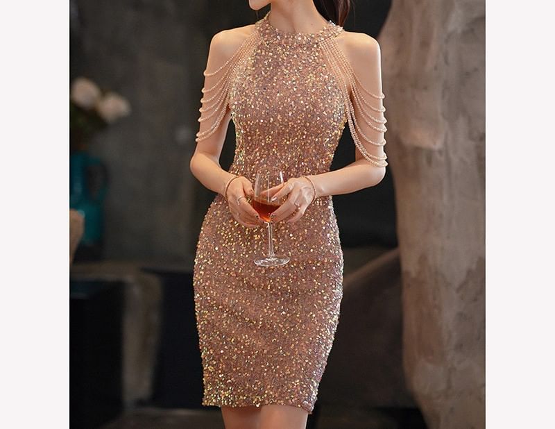 Cold-Shoulder Sequin Strappy A-Line Cocktail Dress / Sheath Cocktail Dress / Trumpet Evening Dress