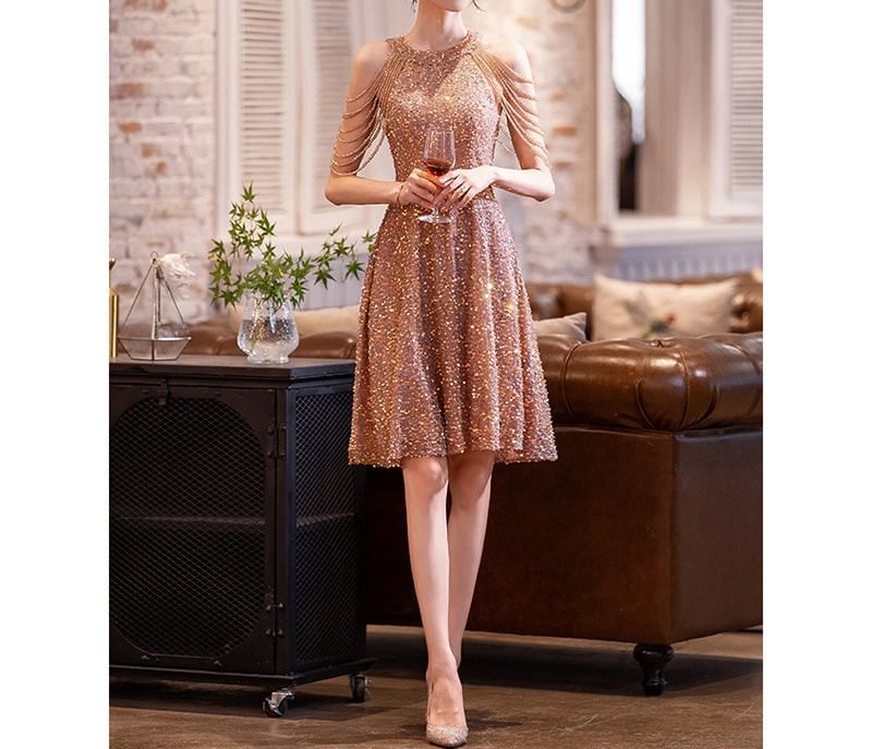 Cold-Shoulder Sequin Strappy A-Line Cocktail Dress / Sheath Cocktail Dress / Trumpet Evening Dress