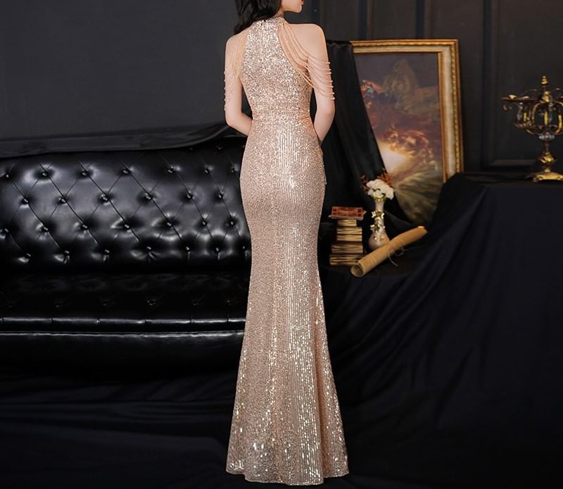Halter Sequin Strappy Mermaid Evening Gown