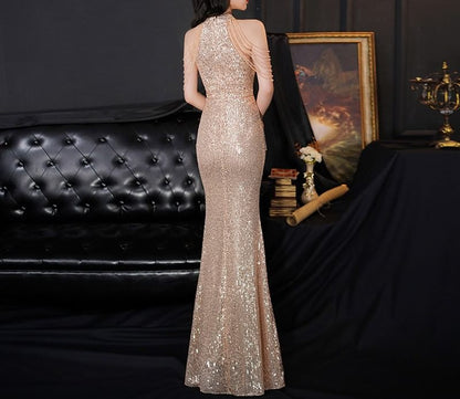 Halter Sequin Strappy Mermaid Evening Gown