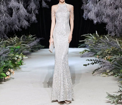 Halter Sequin Strappy Mermaid Evening Gown