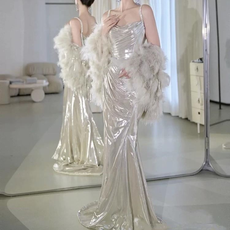 Spaghetti Strap Plain Ruched Mermaid Evening Gown