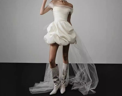 Off-Shoulder Plain Mesh Panel Asymmetrical Mini A-Line Wedding Dress